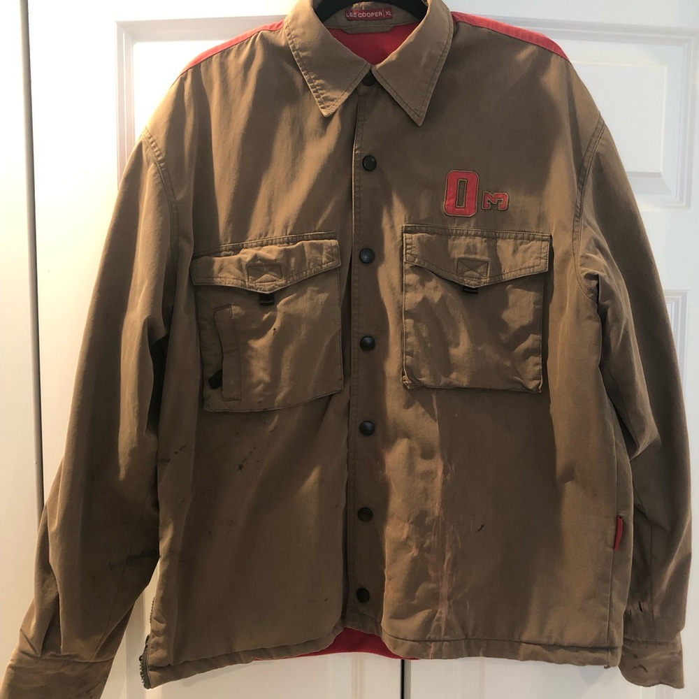 Men's Military-Style Brown Field Jacket with Red Accents
